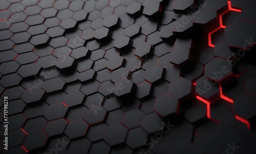 3d rendering of a hexagonal texture background with red lights