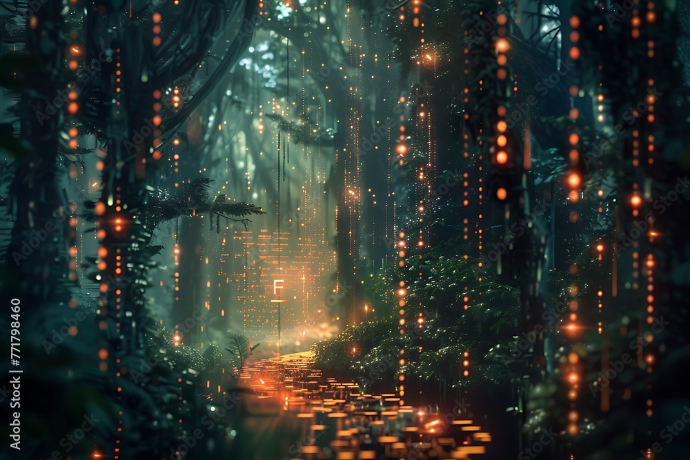 : A fvectors logo hidden within a dense, digital forest of glowing code.