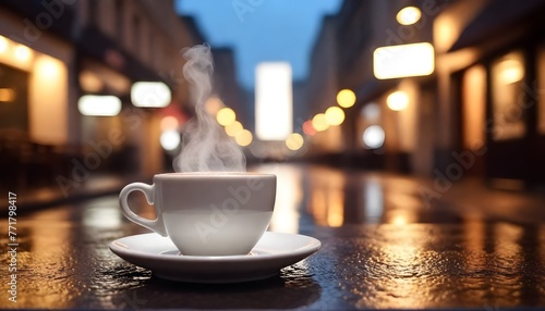 A cup of coffee on a table in front of a street with the city lights in the background photo