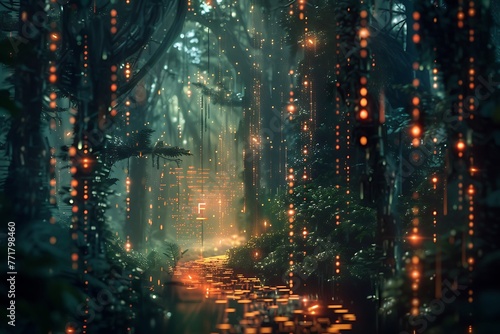   A fvectors logo hidden within a dense  digital forest of glowing code.