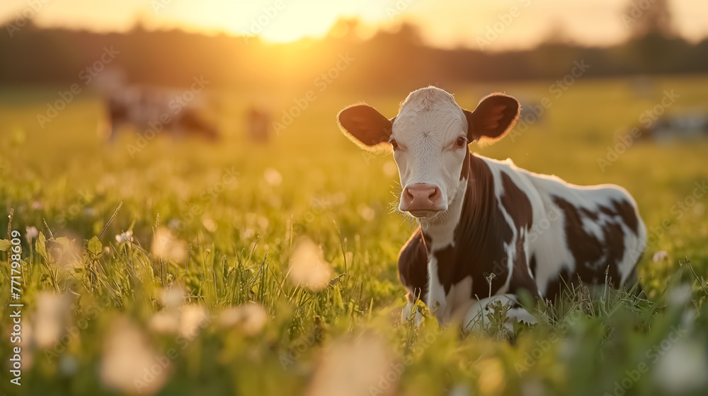 Brown and white cow on a green field with eco environment , beautiful sunlight in the field Brown and white cow on a green field with eco environment , beautiful sunlight in the field