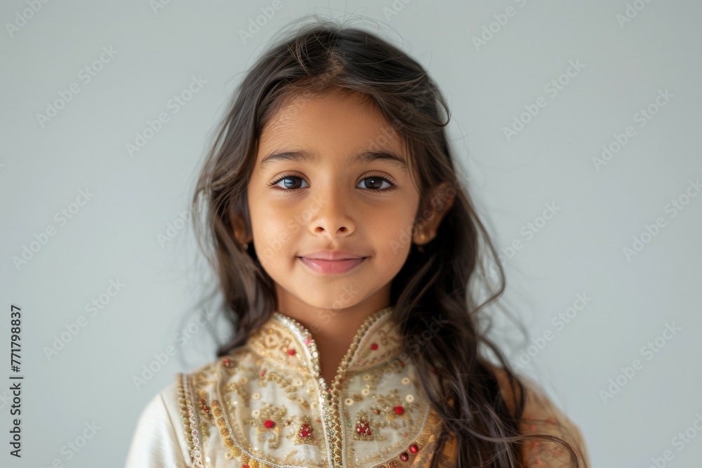 A young girl wearing a white dress with red embroidery is smiling for the camera A young girl wearing a white dress with red embroidery is smiling for the camera