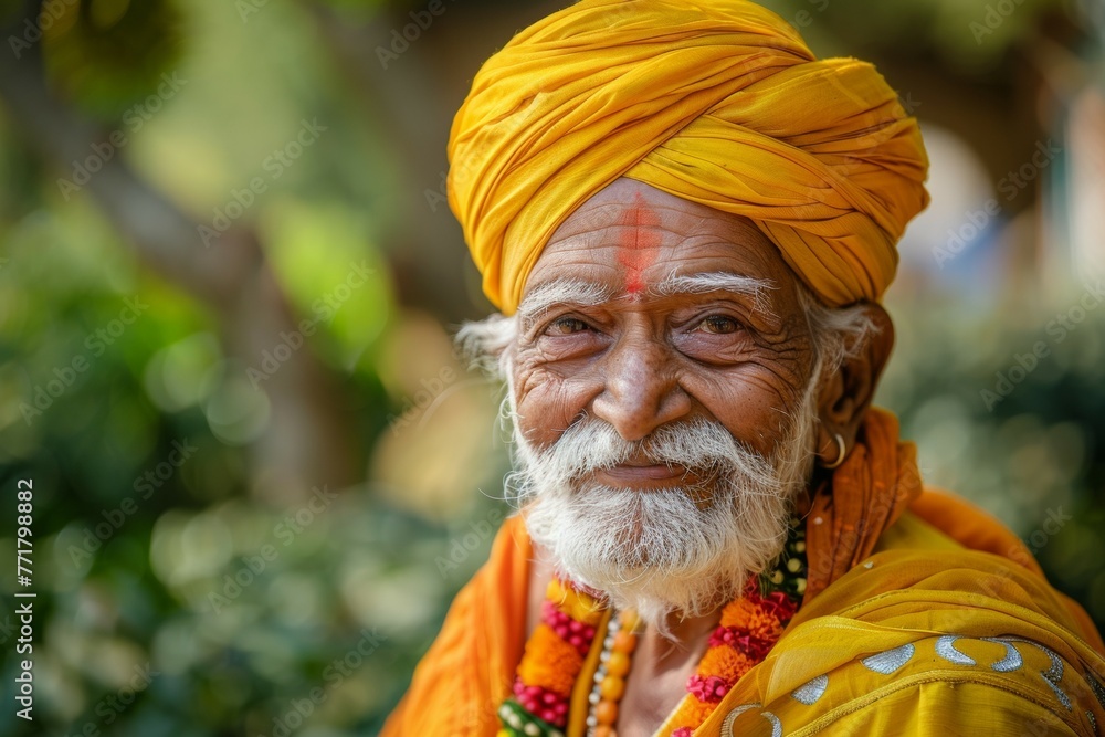 A man with a yellow turban and beard is smiling