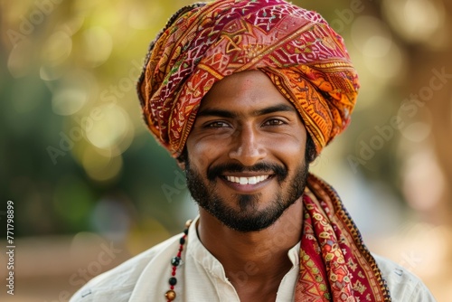 A smiling man wearing red and orange turban