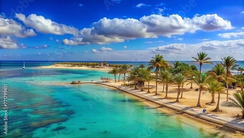 Panoramic view of a beautiful beach, palm trees and blue sky with clouds, view from the sea with clear turquoise transparent water. Ideal paradise of exotic beach vacation.