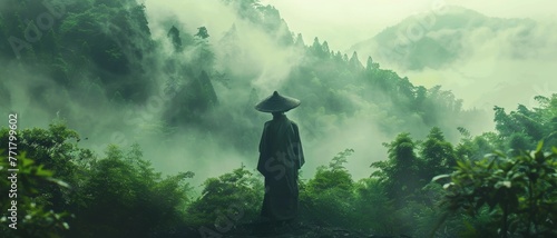 A man in a black coat and hat standing in the middle of a forest on a foggy day.