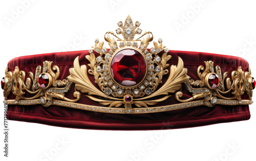 A regal red velvet crown adorned with a shimmering gold crown on top