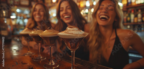 Friends Enjoying Espresso Martinis in a Cozy, Dimly Lit Bar