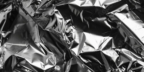 Aluminium foil texture background. Crumpled metal surface close up. Blank glued for wallpaper. surface from wrapping paper. Wrinkled shiny silver foil for banner, poster, overlay and design element