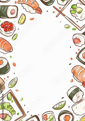 Sparse border of kawaii sushi and bento boxes, thin with broad transparent A4 central area, delicious and endearing