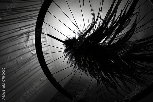 : A lone feather caught in the spokes of a giant bicycle wheel, casting a whimsical silhouette.