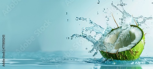 Coconut water splashing out of a fresh green coconut isolated on a pastel summer blue background with copy space