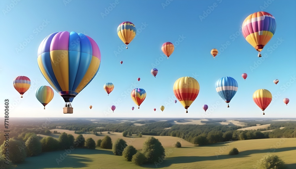 Obraz premium colorful balloons aircrafts in the blue sky with clouds over a beautiful country landscape