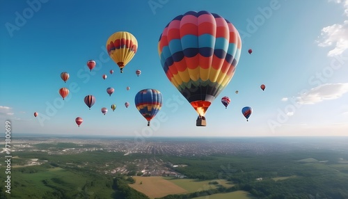 colorful balloons aircrafts in the blue sky with clouds over a beautiful country landscape