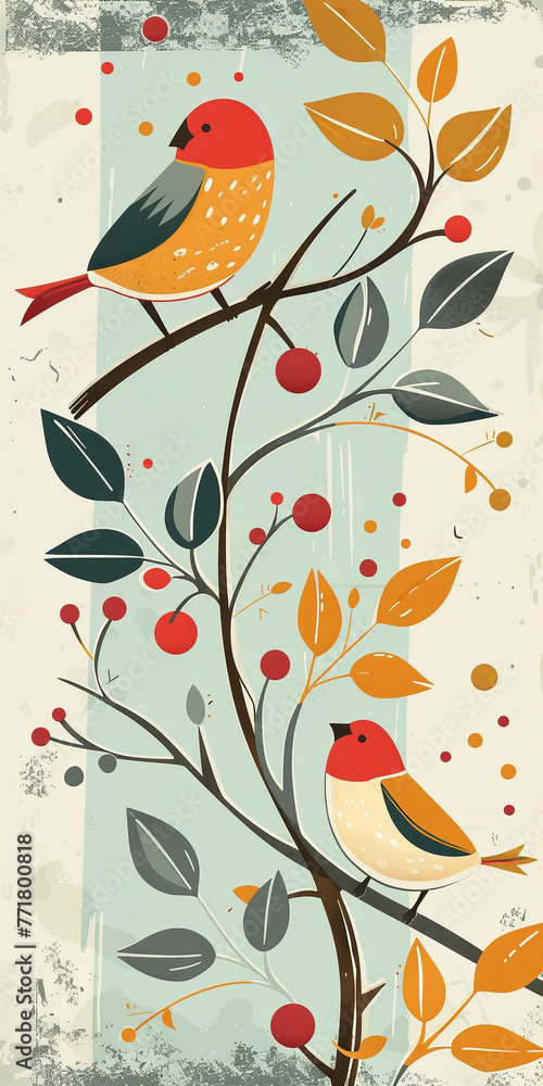 vintage birds on a tree branch illustration