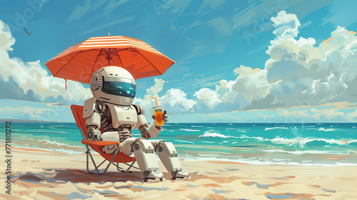 Robot Relaxing on Beach with a Tropical Drink © Furyfazia