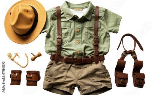 A little boy stands proudly in his outfit, complete with a hat, suspenders, and boots