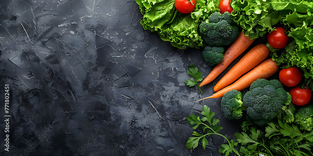 Top view of vegetables on gray surface, broccoli, carrot, tomatoes, lettuce Top view of vegetables on gray surface, broccoli, carrot, tomatoes, lettuce