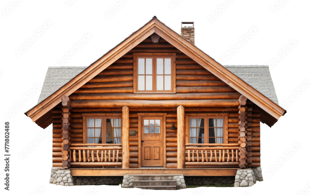 A charming log house nestled beneath a porch, adorned with a porch swing A charming log house nestled beneath a porch, adorned with a porch swing