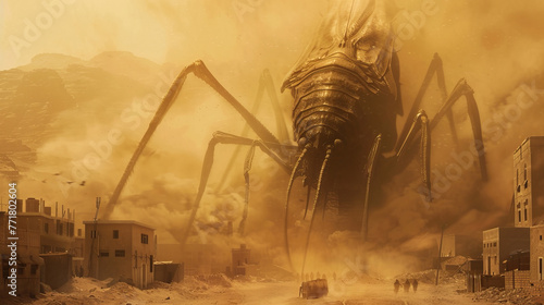 A deserted town is overshadowed by the looming presence of a giant insect emerging from a dust storm.