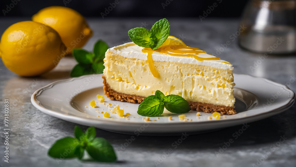 delicious cheesecake with lemon on the table food delicious cheesecake with lemon on the table food