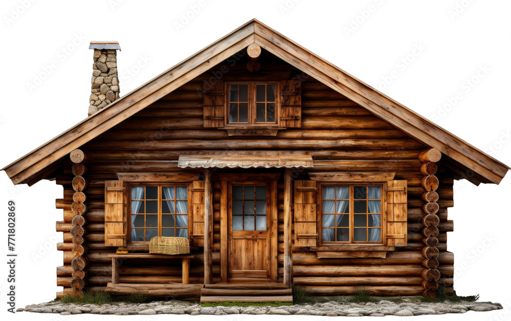 A quaint log cabin with two windows and a porch nestled in the forest