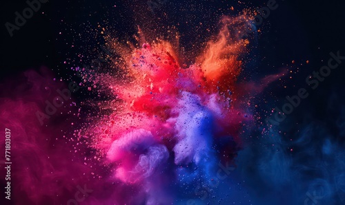 Explosion of colored powder isolated on black background. Colored powder explosion. Abstract closeup dust on backdrop. Colorful explode. Paint holi. Abstract colored background