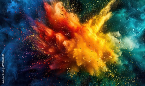Explosion of colored powder isolated on black background. Colored powder explosion. Abstract closeup dust on backdrop. Colorful explode. Paint holi. Abstract colored background © Ibad