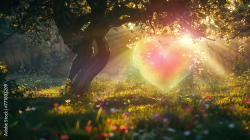 Spring background. Colorful fantasy heart  light beam  green forest field