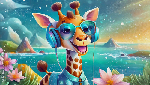 oil painting style firefly cartoon character cute funny baby giraffe in head phones and sunglasses talking with megaphone