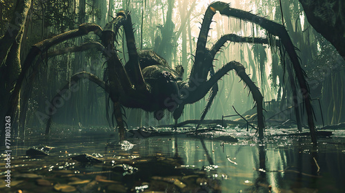 A monstrous spider looms over a murky swamp, its massive form casting a menacing presence in the shadowy forest.