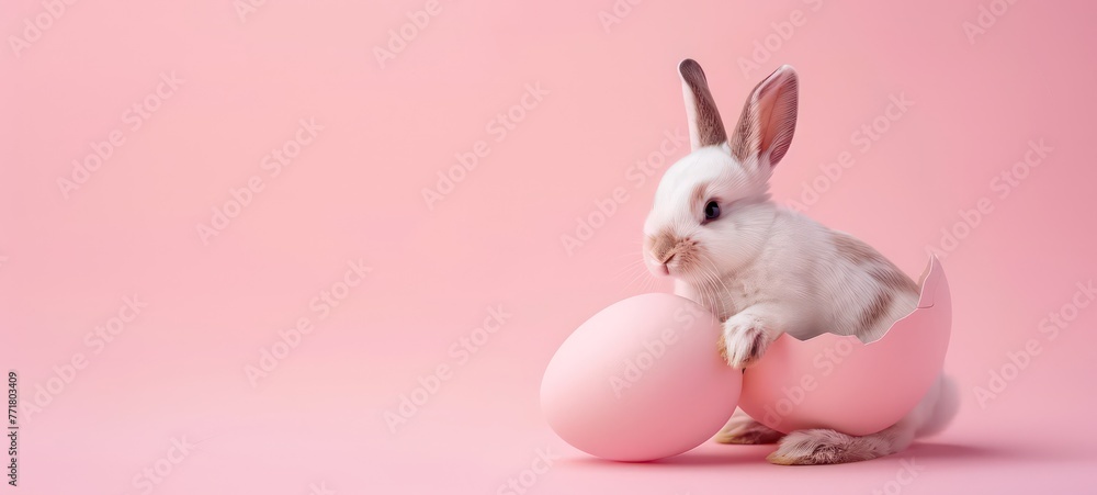 Easter bunny rabbit with painted egg on pink background. Easter holiday concept. Easter bunny rabbit with painted egg on pink background. Easter holiday concept.
