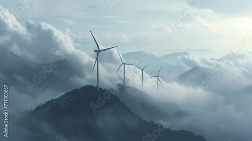 Wind generators on a cloudy ridge. Alternative ecologically clean energy photo