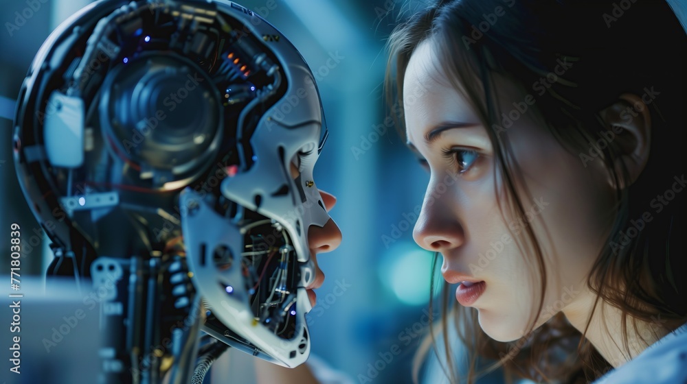 Young woman working with artificial intelligence Young woman working with artificial intelligence