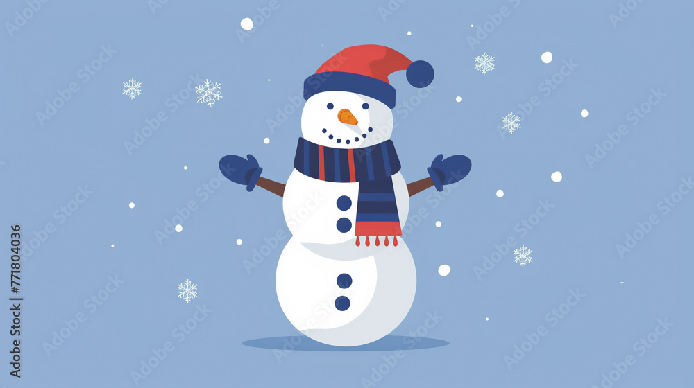 Fototapeta premium Snowman Illustration, scandinavian style, flat design, blue, red, white, nordic aesthetic, children's book illustrations