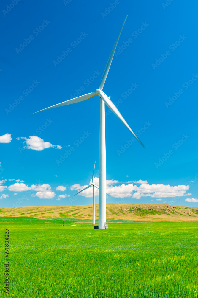 Wind turbine in a summer farm field under a hot blue sky - obrazy, fototapety, plakaty 