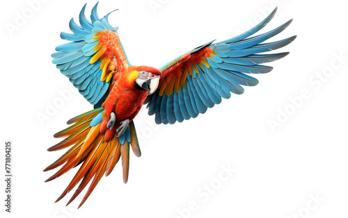A colorful parrot soars through the air, wings outstretched in a vibrant display of motion and freedom