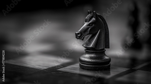 caballo de ajedrez de color negro sobre el tablero photo