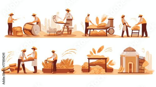 Bread production process stages from wheat harvest