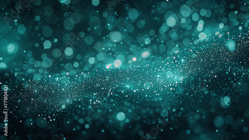 A constellation of teal particles, each one shimmering like a distant star against the night sky. The bokeh effect and the imagea??s depth create a sense of vast, unexplored space. photo