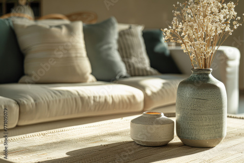 Interior of light living room with sofa and pillows in natural colors. Generative AI