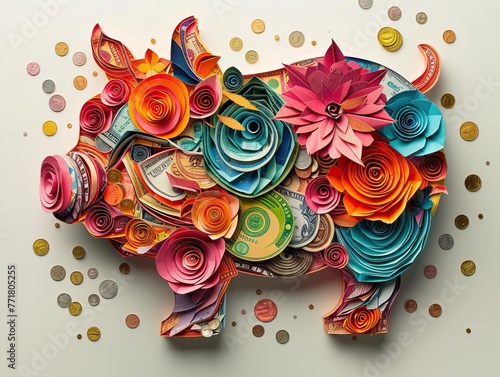 Artistic illustration of a three-dimensional paper piggy bank, intricately designed with colorful currency and coins.