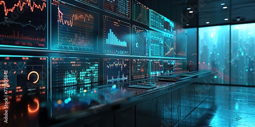 scene of a financial planning workspace, with virtual screens displaying market data and analytics