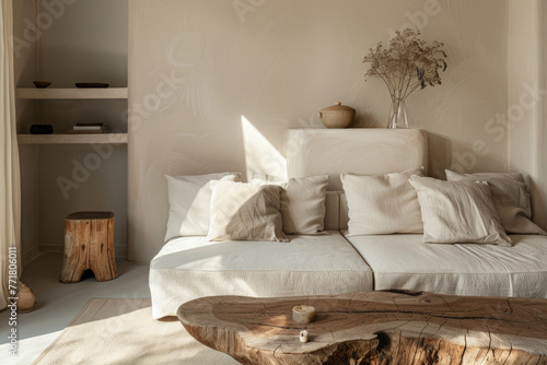 Scandinavian style living room with beige sofa and wooden furniture. Generative AI