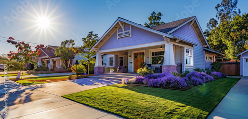 The intense light of a midday sun casting vibrant shadows around a lavender Craftsman style house, suburban scene full of life, summer in full display, clear and active