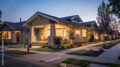 The soft light of dawn casting a tranquil ambiance on a sandy beige Craftsman style house, suburban streets empty and silent, awaiting the day's start