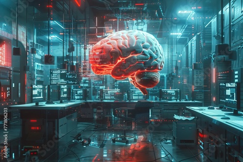 Digital painting of a brain floating in a futuristic laboratory, connected to an advanced neural network interface