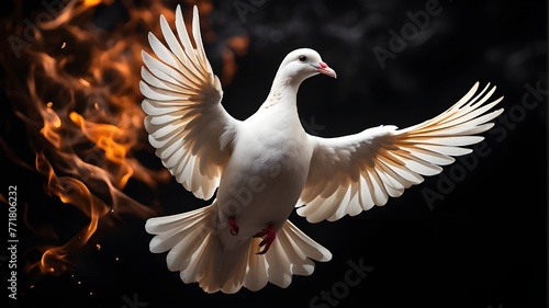 "A majestic white dove is depicted in flight against a dark background, surrounded by swirling flames that emit a fiery glow. The dove's feathers are rendered with exquisite detail, contrasting beauti