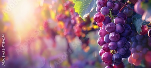 Red wine grapes on vine in summer vineyard on blurred vineyard background