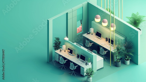 A dynamic collaborative workspace in isometric style, with a serene teal accent wall igniting passion among the floating desks and fostering collaboration.